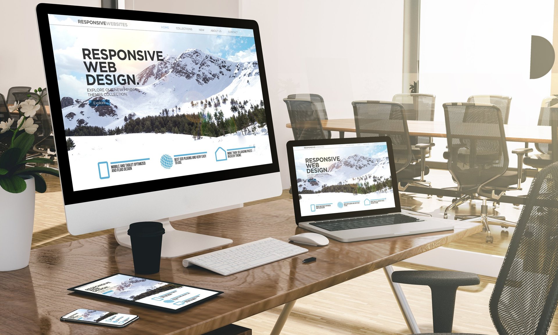 Modern office with devices showing responsive web design
